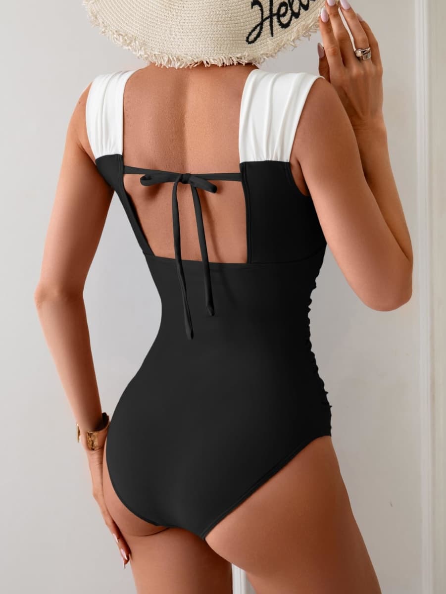 B2prity Women's One Piece Swimsuit Tummy Control Full Coverage Bathing Suit, Black,white, Large thumbnail 2