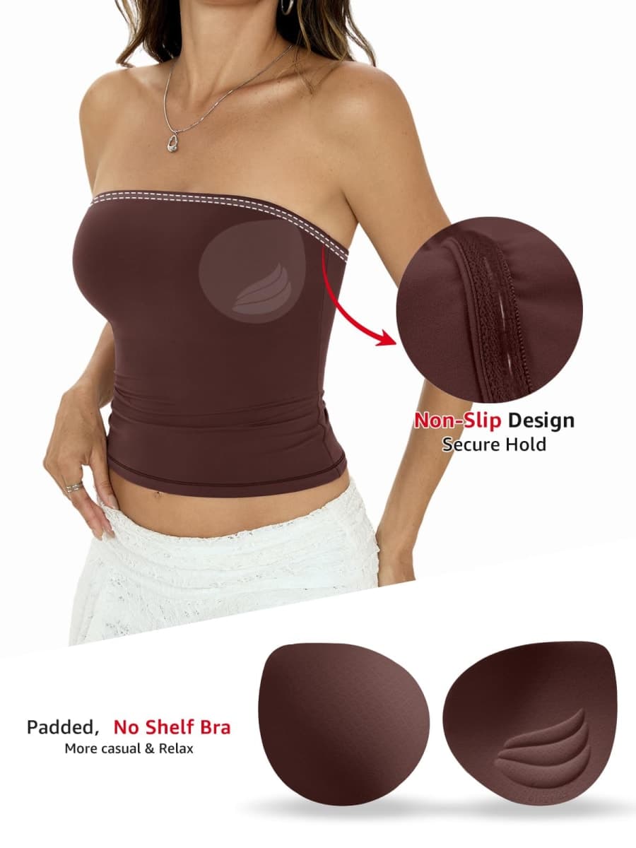 EasyGala Womens Tube Top with Built in Bra Double Lined Strapless Tank Tops, Brown, Large thumbnail 3