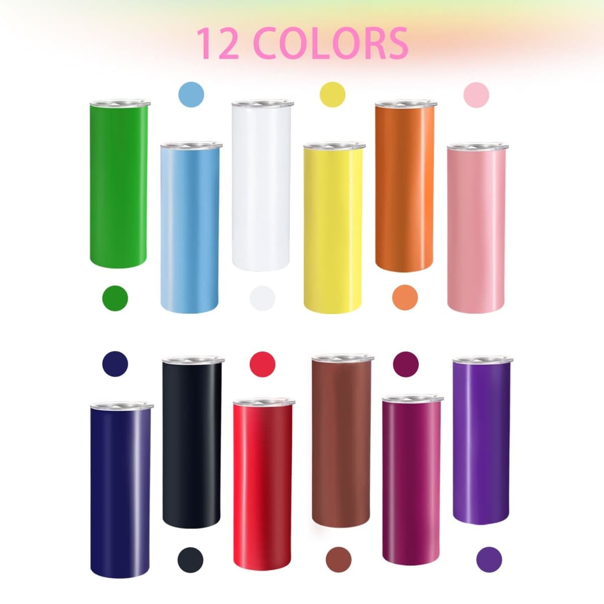YOUKE OLA 12 Pack Stainless Steel Skinny Tumblers 20oz - Bulk Straight Double Wall Vacuum Insulated Tumbler with Lid and Straw & Silicone Base for Travel, DIY, 12 Colors thumbnail 4