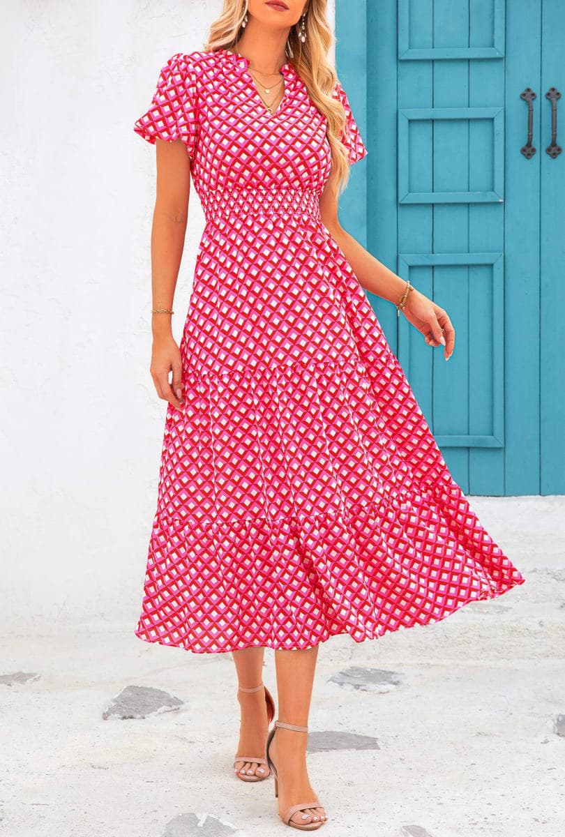 MASCOMODA Summer Maxi Dresses for Women 2026 Casual V Neck Puff Short Sleeve Smocked Flowy Beach Boho Long Floral Dress, P-pink, X-Large thumbnail 2
