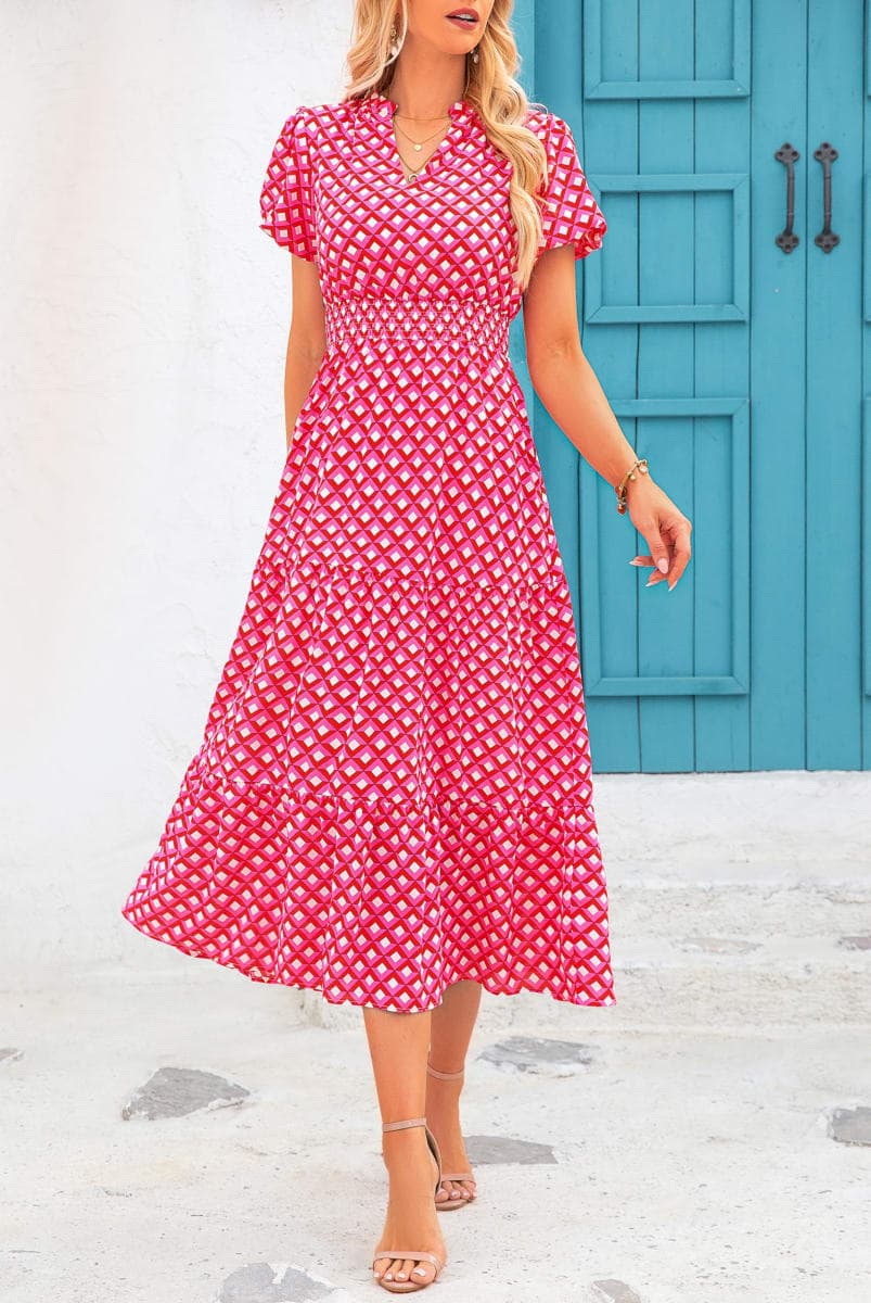 MASCOMODA Summer Maxi Dresses for Women 2026 Casual V Neck Puff Short Sleeve Smocked Flowy Beach Boho Long Floral Dress, P-pink, X-Large thumbnail 3