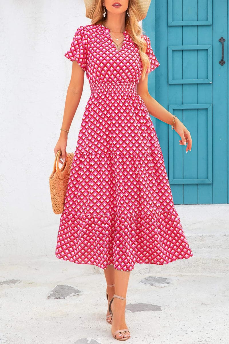 MASCOMODA Summer Maxi Dresses for Women 2026 Casual V Neck Puff Short Sleeve Smocked Flowy Beach Boho Long Floral Dress, P-pink, X-Large thumbnail 4