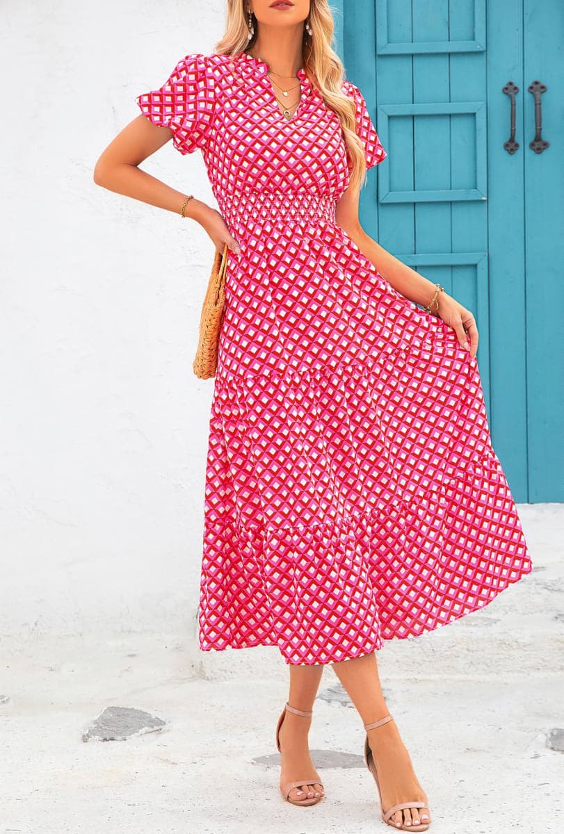 MASCOMODA Summer Maxi Dresses for Women 2026 Casual V Neck Puff Short Sleeve Smocked Flowy Beach Boho Long Floral Dress, P-pink, X-Large thumbnail 5