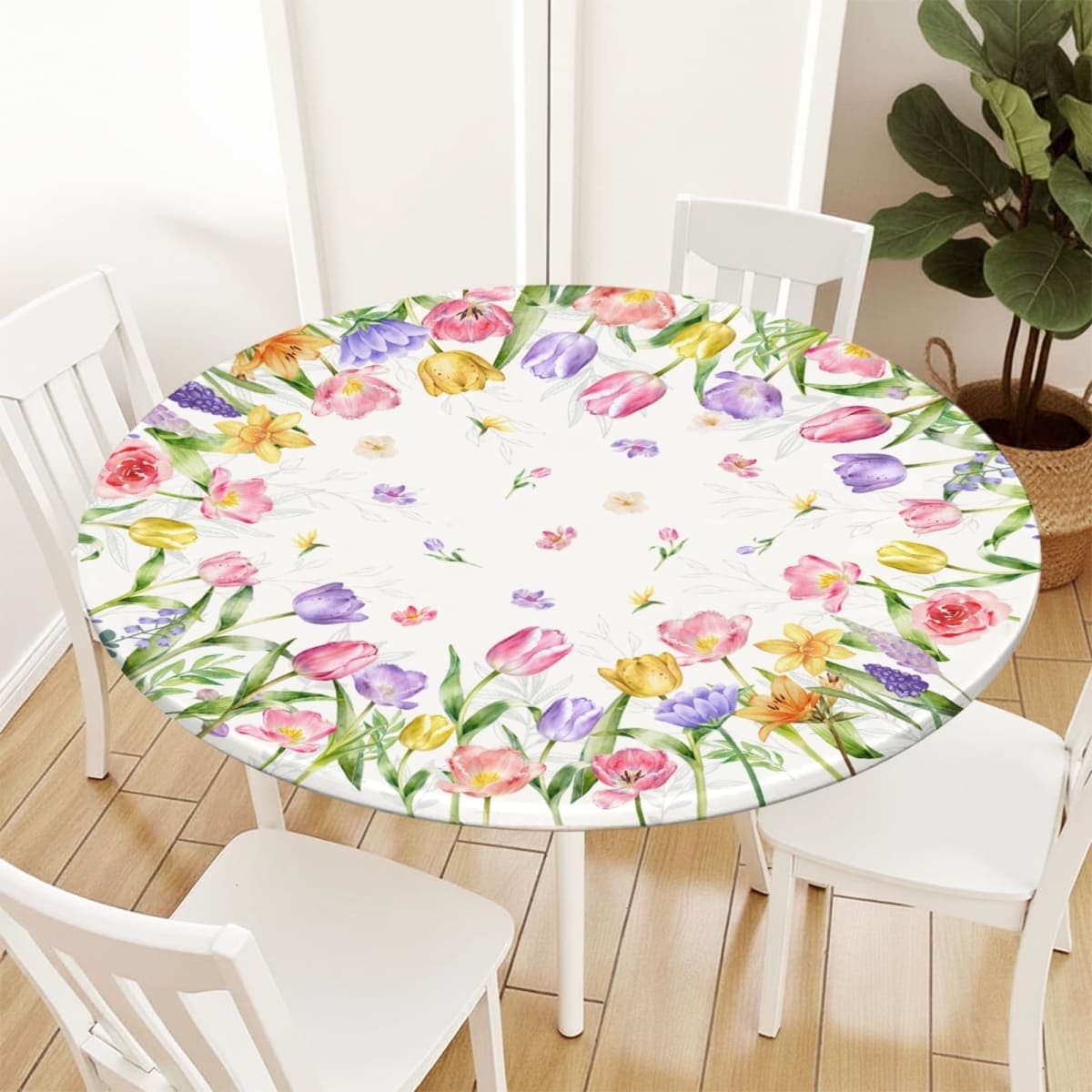 Spring Summer Easter Round Fitted Tablecloth with Elastic Edge Tulip Lavender Floral Circle Table Cloth for 48-52" Tables Wipeable Waterproof Farmhouse Flowers Table Cover for Picnic Dining Outdoor thumbnail 2