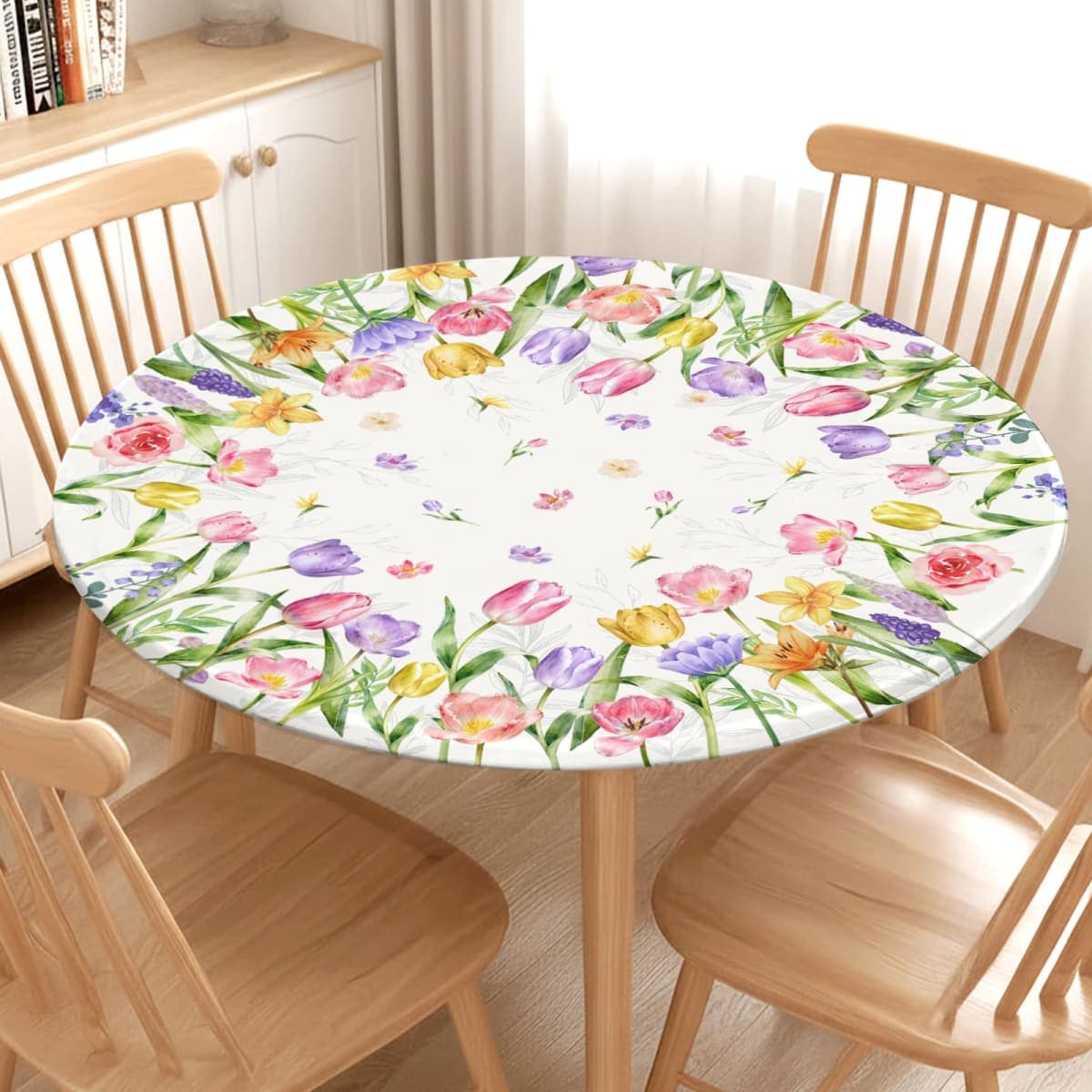 Spring Summer Easter Round Fitted Tablecloth with Elastic Edge Tulip Lavender Floral Circle Table Cloth for 48-52" Tables Wipeable Waterproof Farmhouse Flowers Table Cover for Picnic Dining Outdoor thumbnail 3
