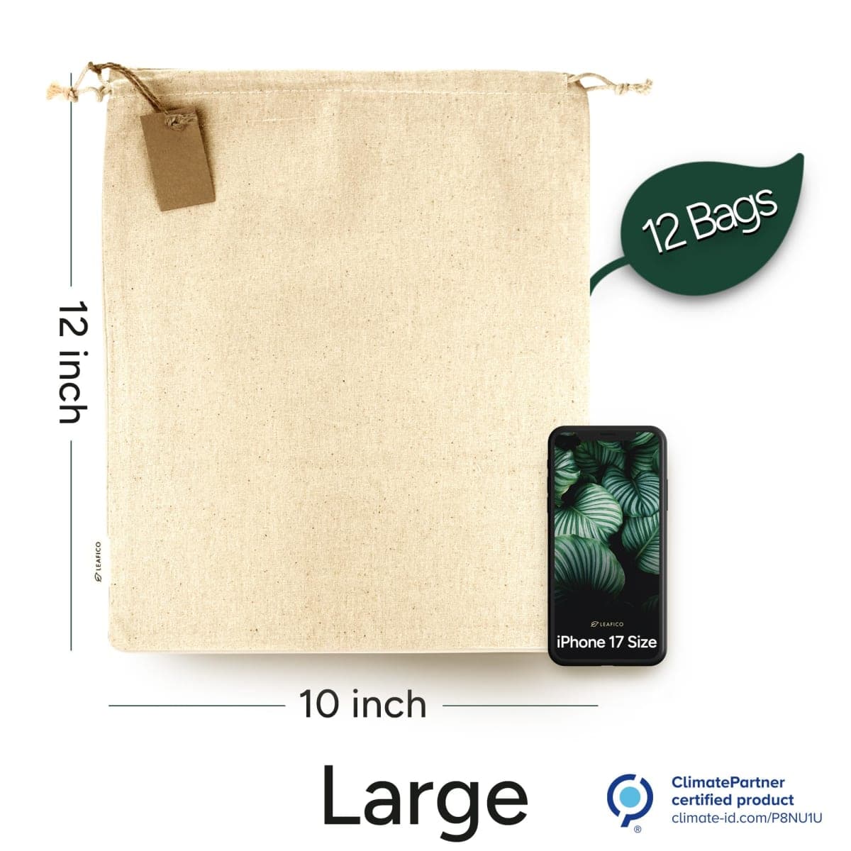 Cotton Produce Bags - Large 10x12 Inch - 12 Pcs Multipurpose Eco Cloth Bags - Muslin Bags with Drawstring - Canvas Bags - Vegetable and Bread Bags - Fabric Sachet Bags - Linen Bag by Leafico thumbnail 2