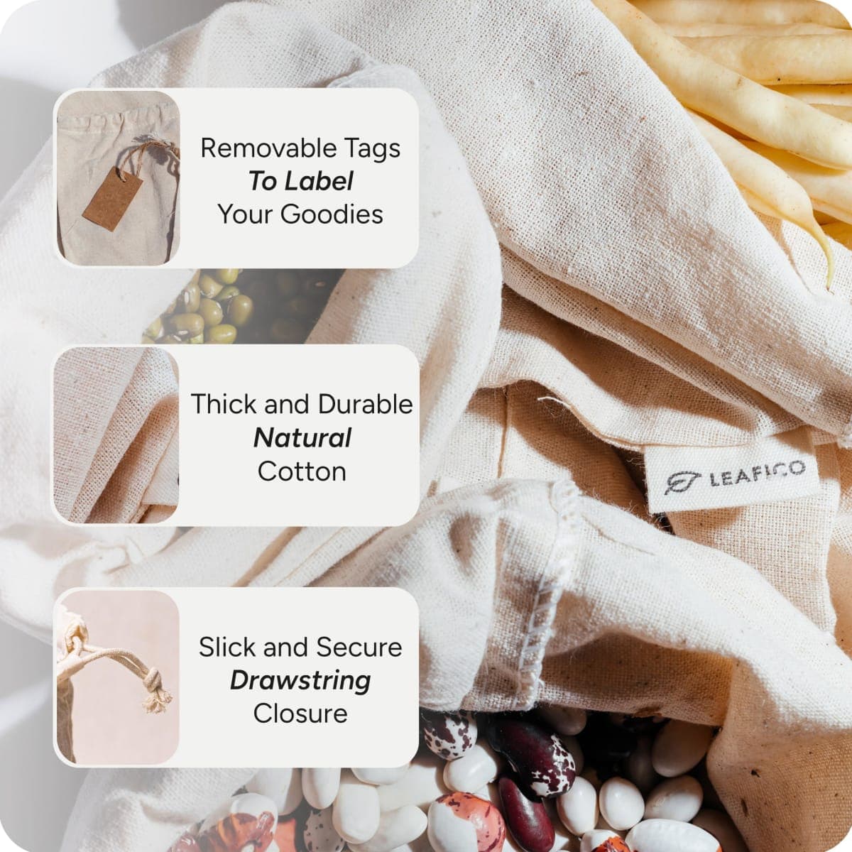 Cotton Produce Bags - Large 10x12 Inch - 12 Pcs Multipurpose Eco Cloth Bags - Muslin Bags with Drawstring - Canvas Bags - Vegetable and Bread Bags - Fabric Sachet Bags - Linen Bag by Leafico thumbnail 4