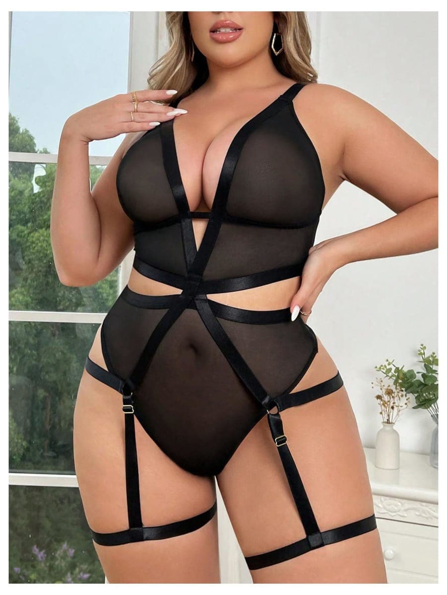 SOLY HUX Plus Size Lingerie Sheer Mesh Deep V Babydoll Teddy Bodysuit, Plain Black, 3X-Large thumbnail 3