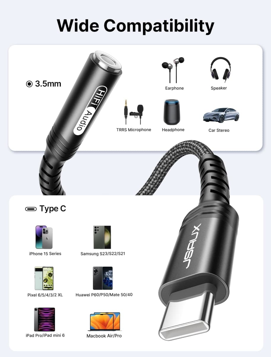 JSUAX USB Type C to 3.5mm Female Headphone Jack Adapter 1-Pack thumbnail 5