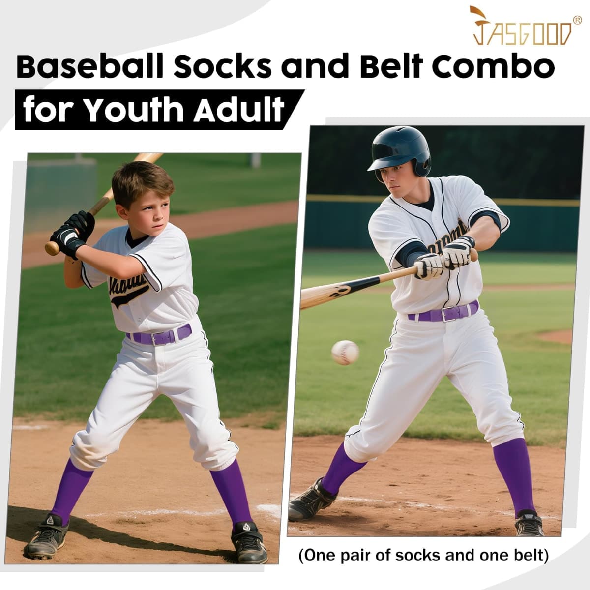 JASGOOD Baseball Socks and Belt Combo for Youth Adult Softball Socks and Elastic Belt for Boys Girls thumbnail 2