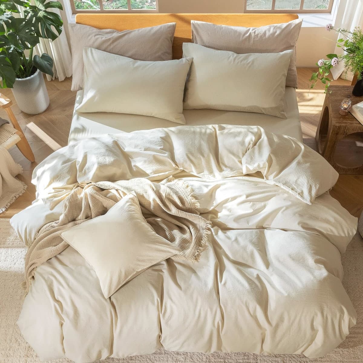 MooMee Duvet Cover Set 100% Washed Cotton Linen Like Queen thumbnail 5