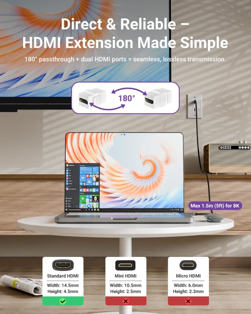 VCELINK 5-Pack 8K HDMI Keystone Jack with 8K 60Hz and 4K 120Hz, HDMI 2.1 Female to Female Adapter 48 Gbps, Snap-in 180 Degree Angle Connector for Wall Plate, White thumbnail 4