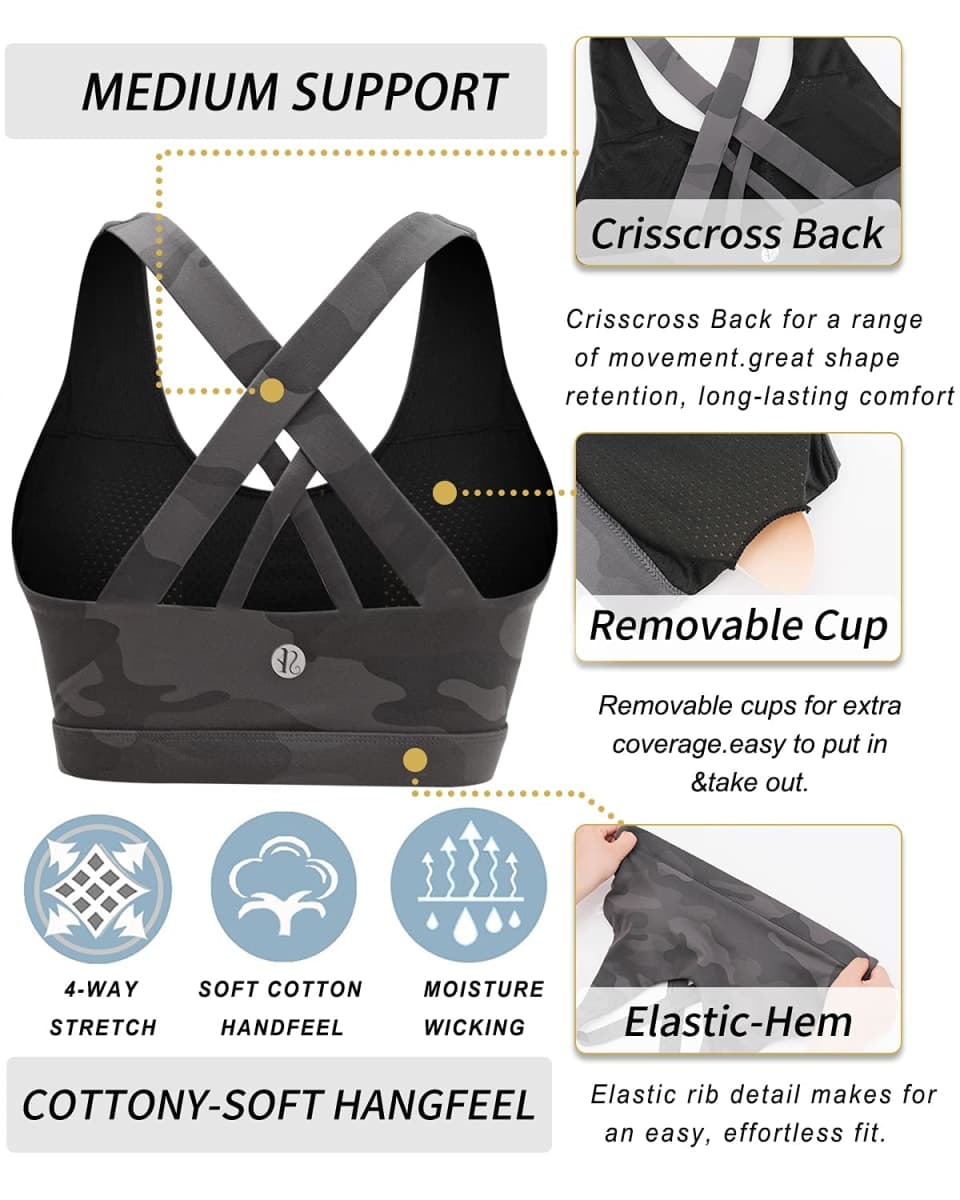 RUNNING GIRL Sports Bra for Women, Criss-Cross Back Padded Strappy Sports Bras Medium Support Yoga Bra with Removable Cups, B-black, Small thumbnail 5