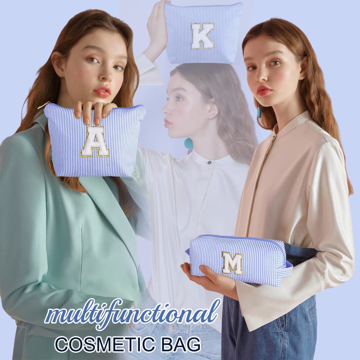 YOOLIFE Birthday Gifts for Kids Teen Girls Women Initial 2 Makeup Bags Cosmetic Bag Travel Makeup Bag Birthday Gifts, Blue, A thumbnail 2