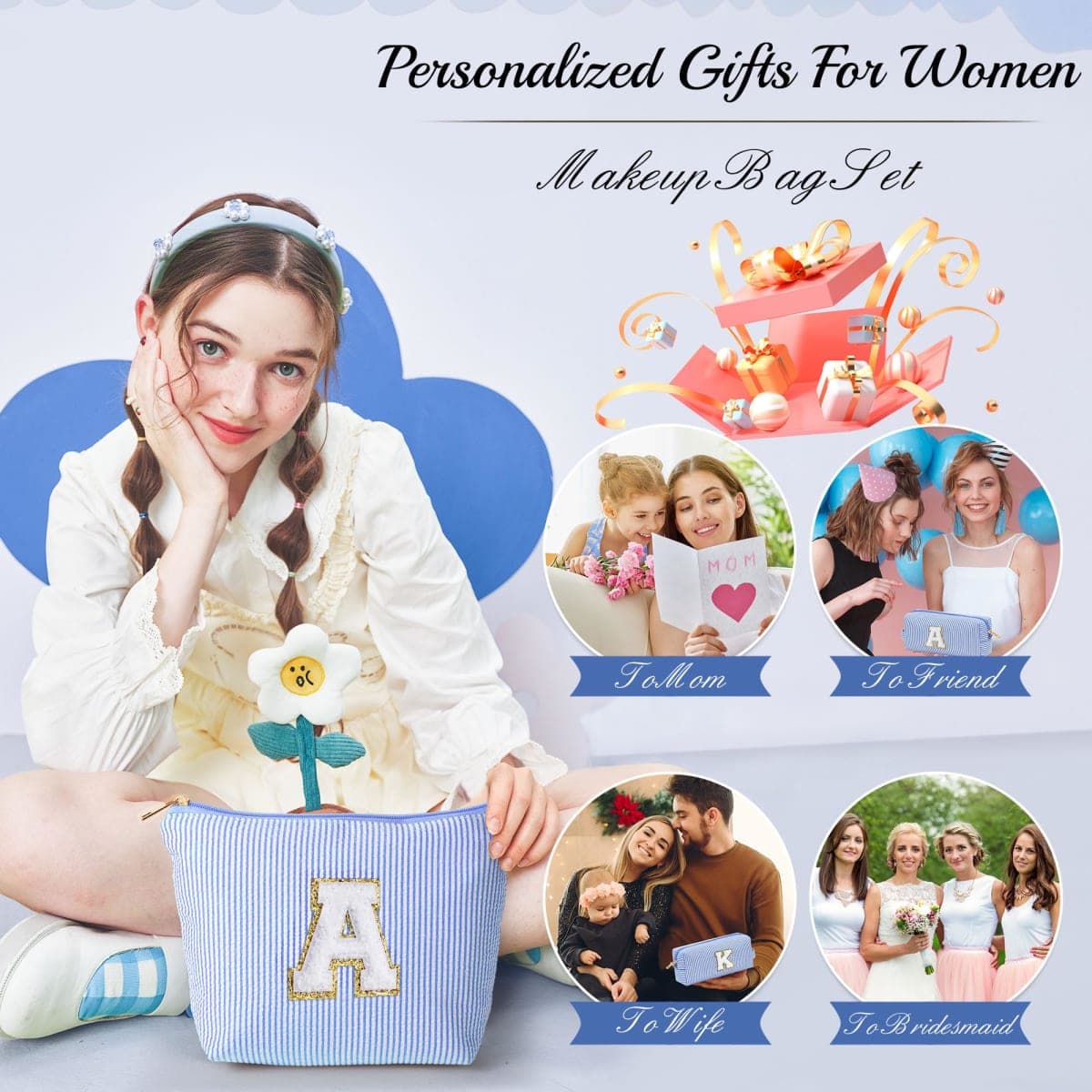 YOOLIFE Birthday Gifts for Kids Teen Girls Women Initial 2 Makeup Bags Cosmetic Bag Travel Makeup Bag Birthday Gifts, Blue, A thumbnail 3