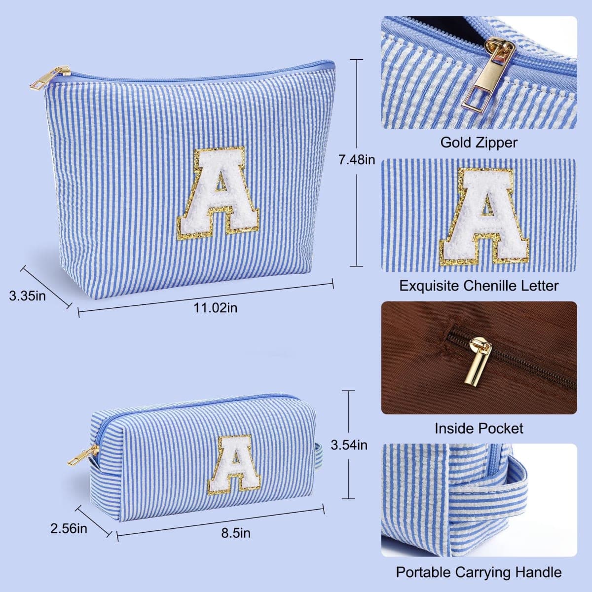 YOOLIFE Birthday Gifts for Kids Teen Girls Women Initial 2 Makeup Bags Cosmetic Bag Travel Makeup Bag Birthday Gifts, Blue, A thumbnail 4