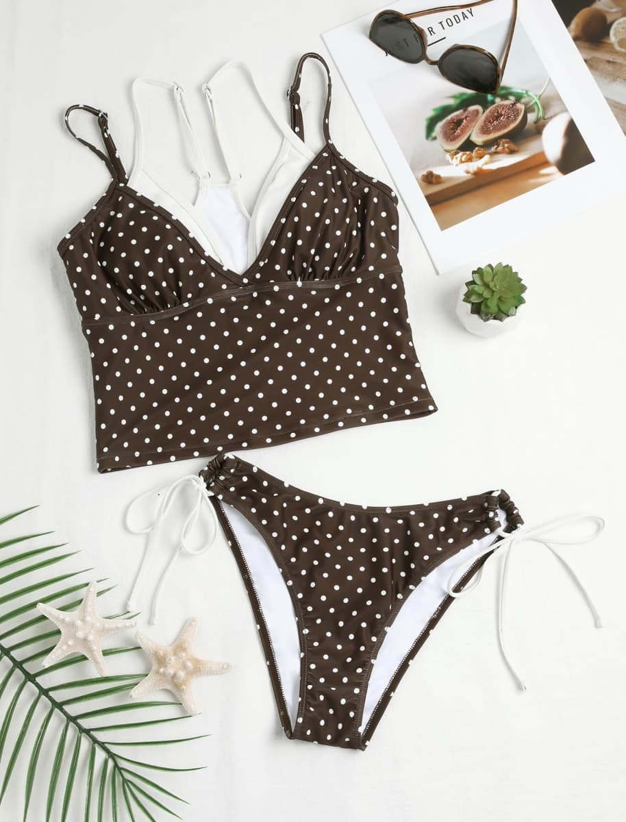 ZAFUL Women V Neck Bikini Set Double Straps Faux Two Piece Swimsuit Top Tie Side Cheeky Tankini Bathing Suit, 0-polka Dot, Large thumbnail 2