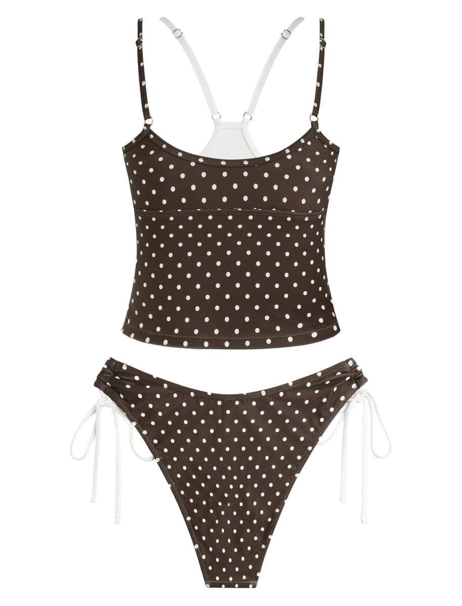ZAFUL Women V Neck Bikini Set Double Straps Faux Two Piece Swimsuit Top Tie Side Cheeky Tankini Bathing Suit, 0-polka Dot, Large thumbnail 3