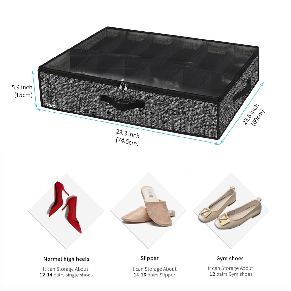 Onlyeasy Sturdy Under Bed Shoe Storage Organizer, Set of 2, Fit 12 to 24 Pairs, Underbed Shoes Closet Storage Solution with Clear Window, Breathable, L29.3 x W23.6 x H5.9, Linen-like Black, MXAUBSB2P thumbnail 2