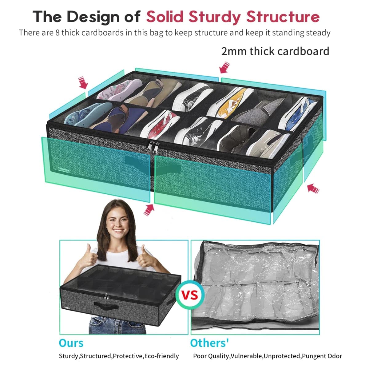 Onlyeasy Sturdy Under Bed Shoe Storage Organizer, Set of 2, Fit 12 to 24 Pairs, Underbed Shoes Closet Storage Solution with Clear Window, Breathable, L29.3 x W23.6 x H5.9, Linen-like Black, MXAUBSB2P thumbnail 4
