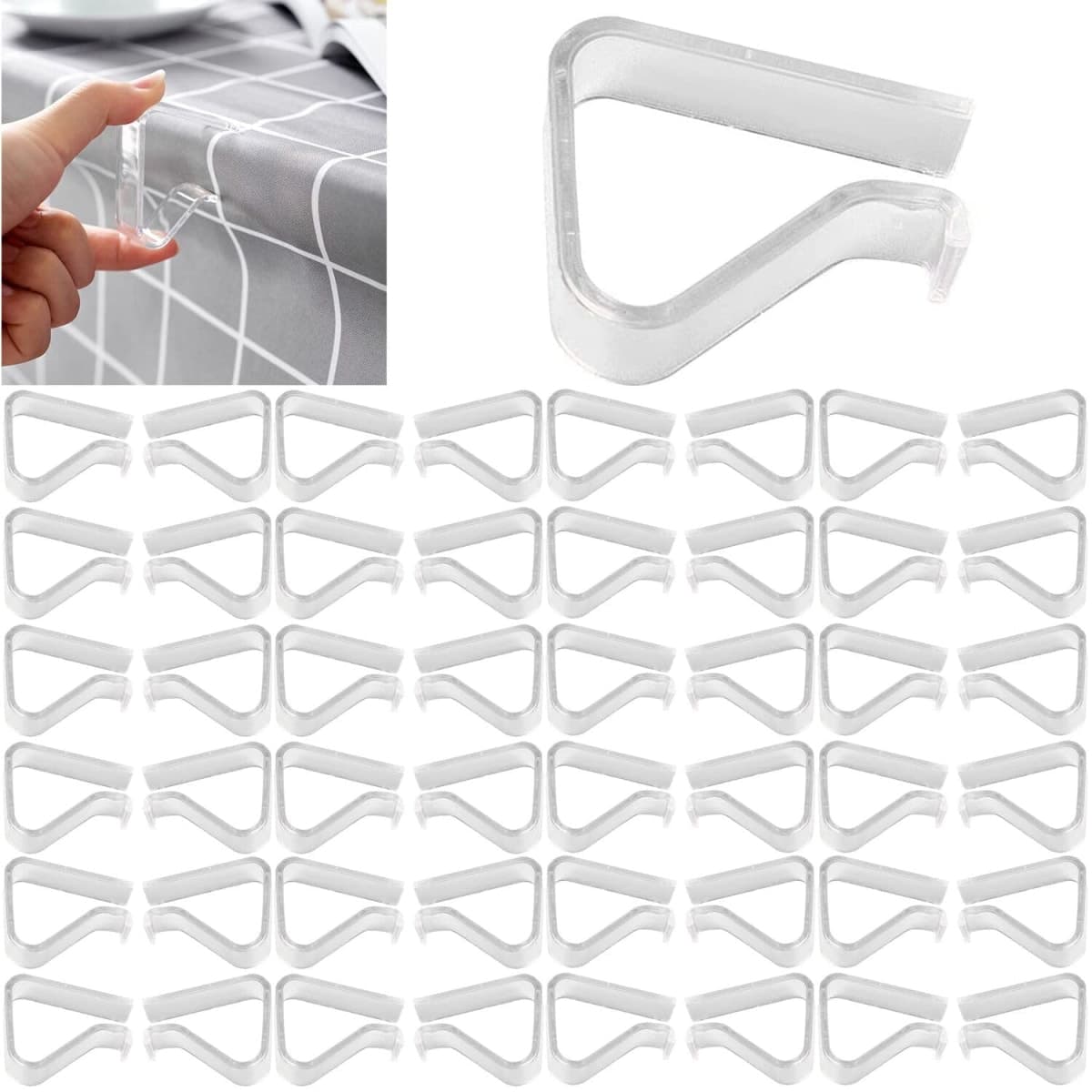 Sazoemao 48 Pieces Transparent Clear Tablecloth Clips, Plastic Windproof Table Cover Holder Clamps, Table Cloth Holder for Home, Parties, Weddings, Picnics, Camping (Large, 2.48 x 2.04 inches, Clear) — image 1