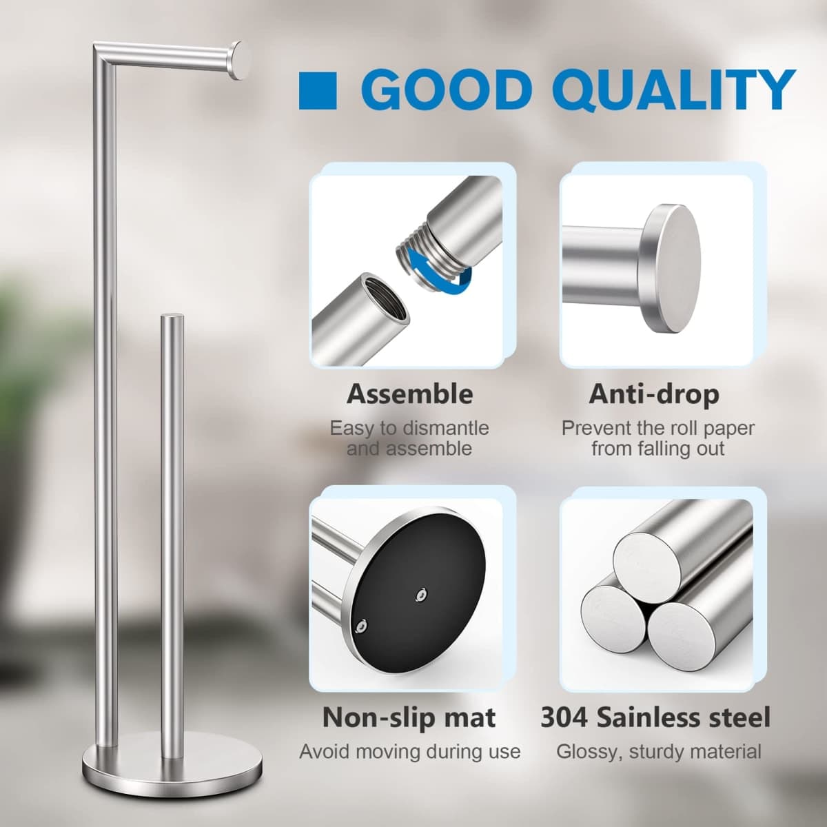 Toilet Paper Holder Stand, Toilet Paper Stand Brushed Nickel, Free Standing Toilet Paper Holder, Toilet Paper Storage by Bathth thumbnail 3
