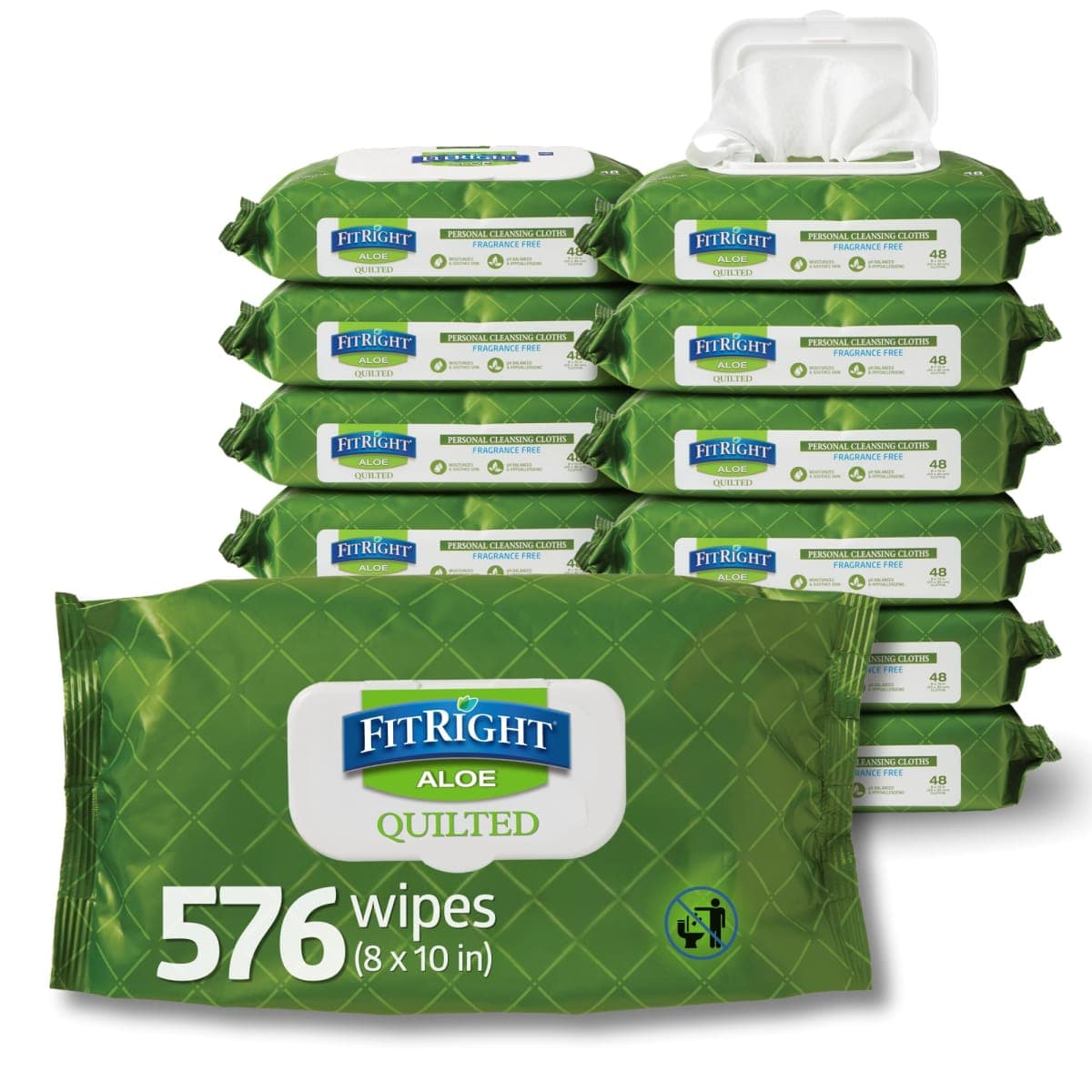 Medline AloeTouch Quilted Heavyweight Personal Cleansing Cloth Wipes, 576 Count, Unscented, 8 x 12 inch Adult Large Incontinence Wipes — image 1