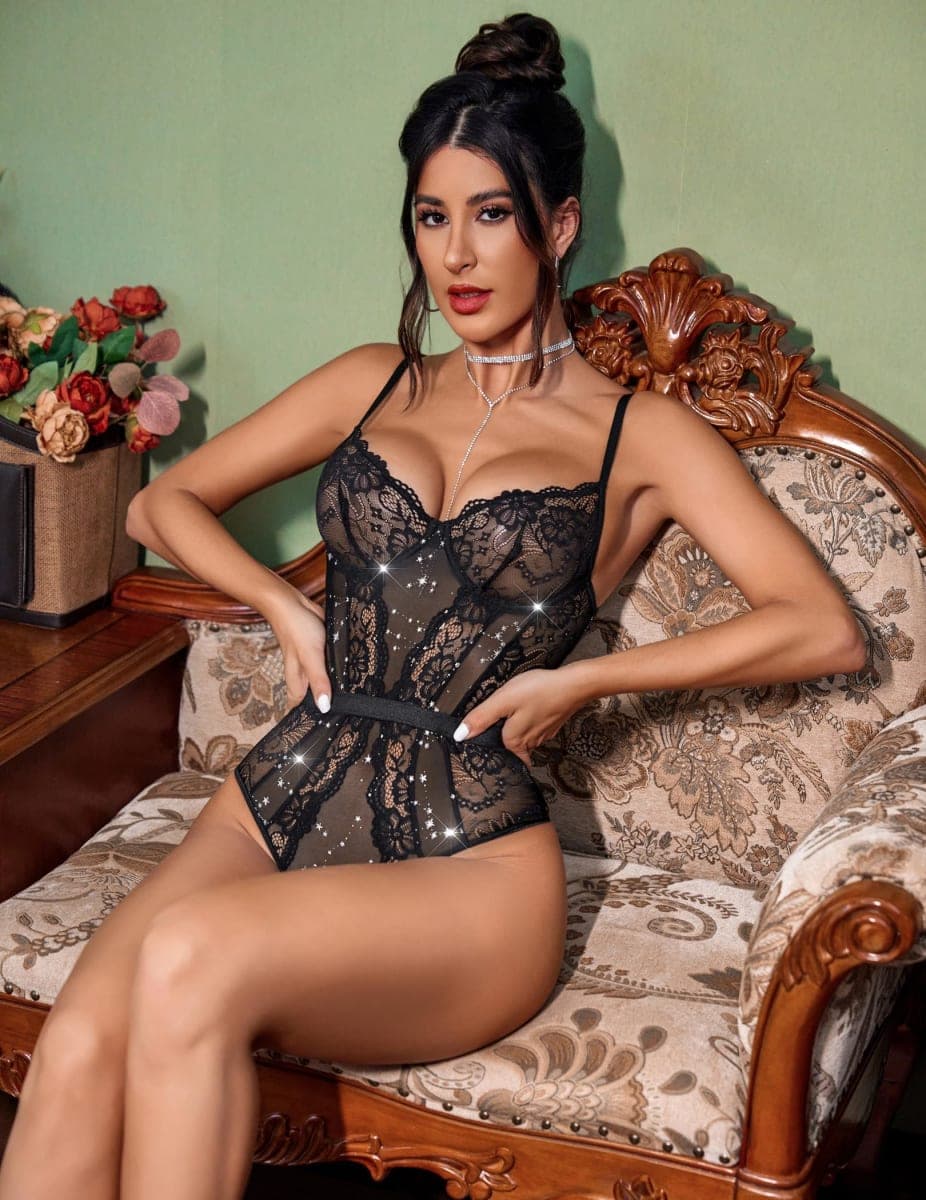Avidlove Women Lingerie Bodysuit Lace Teddy Snap Crotch One Piece Underwire Babydoll, Black Star, X-Large thumbnail 3