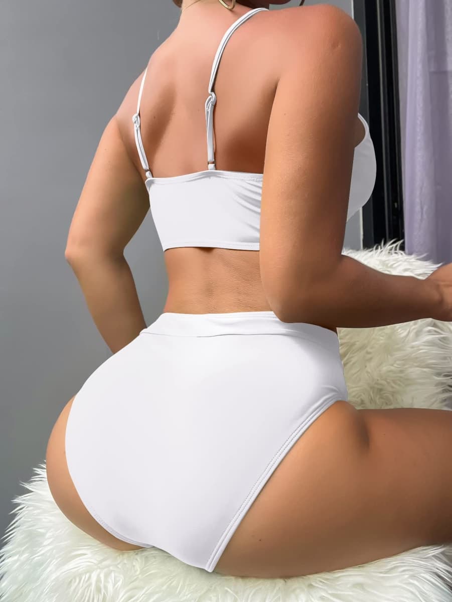 SherryDC Women's 2 Piece Swimsuit V Cut Bikini Lace Up High Cut Bathing Suit, White, X-Large thumbnail 2