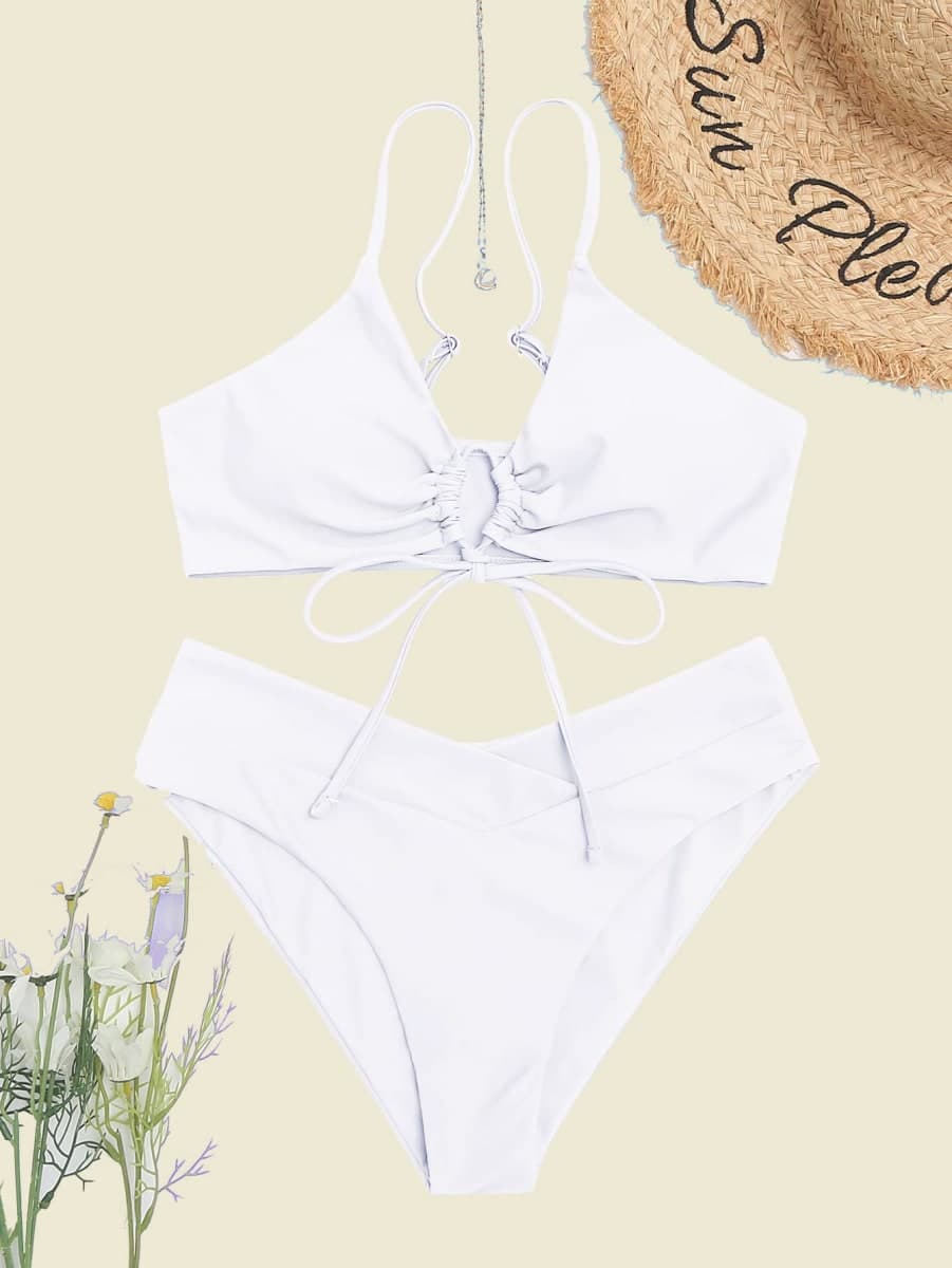 SherryDC Women's 2 Piece Swimsuit V Cut Bikini Lace Up High Cut Bathing Suit, White, X-Large thumbnail 3