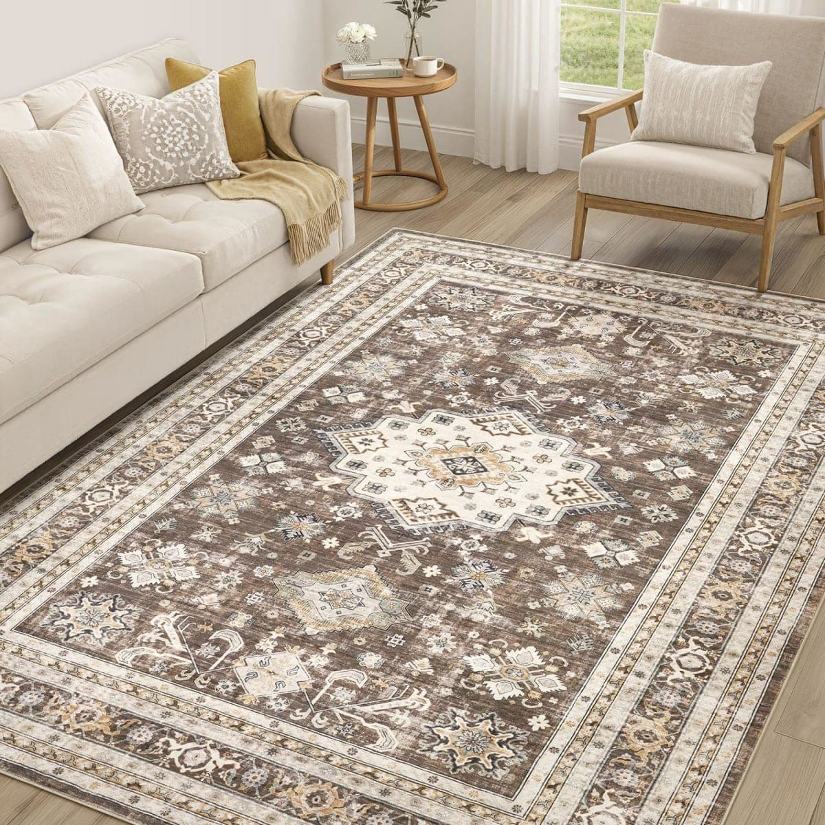 cotiled 6x9 Area Rug for Living Room, Washable, Traditional, Dark Brown — image 1