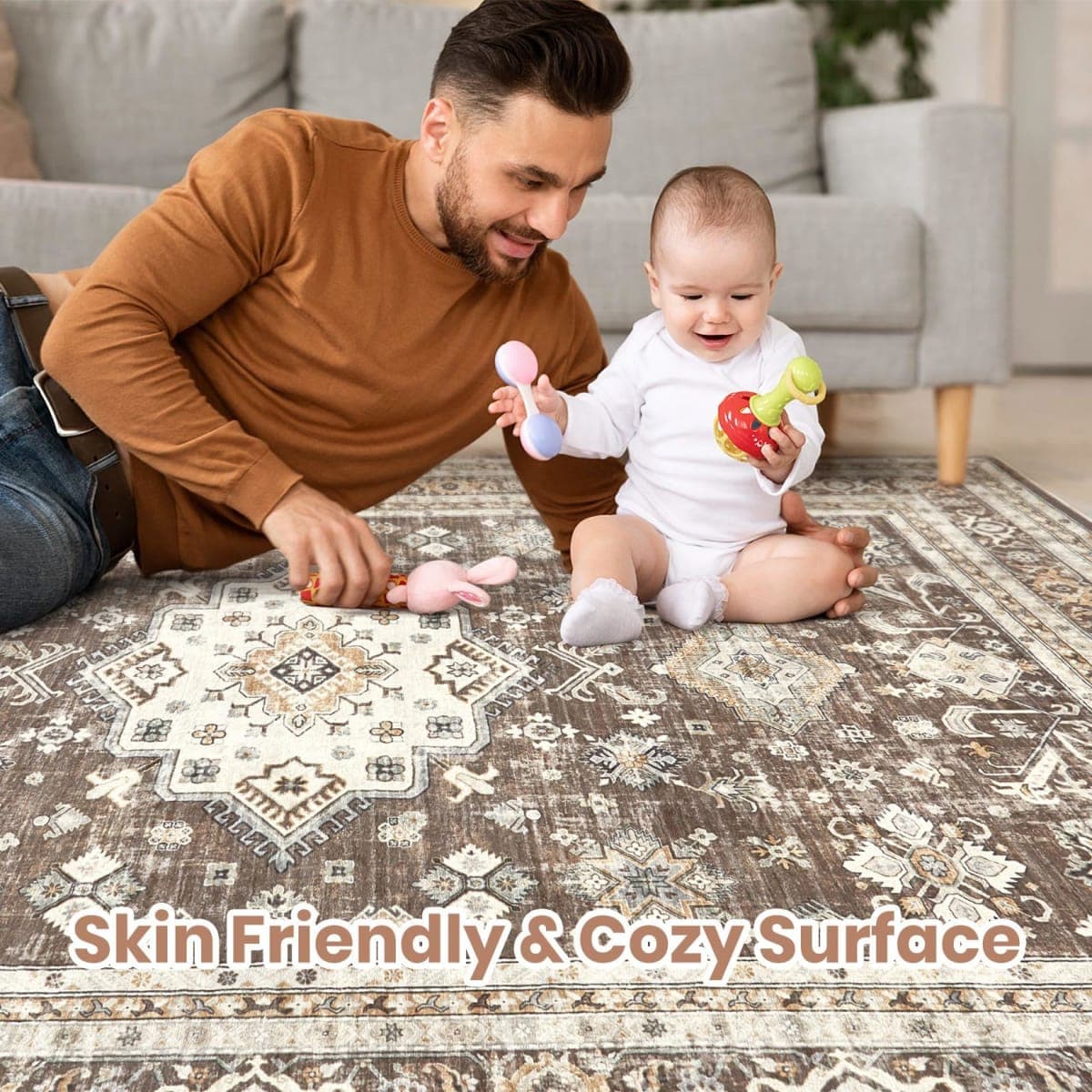 cotiled 6x9 Area Rug for Living Room, Washable, Traditional, Dark Brown thumbnail 3
