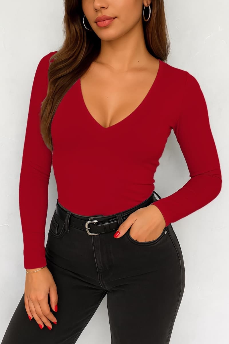 ForeFair Womens Casual V Neck Long Sleeve Shirts Going Out Double Lined Crop Tops Slim Fitted Basic Tee, Red, X-Small thumbnail 4