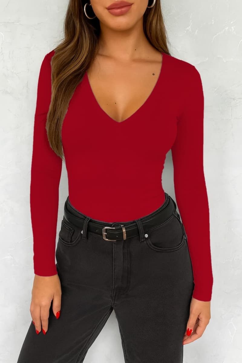 ForeFair Womens Casual V Neck Long Sleeve Shirts Going Out Double Lined Crop Tops Slim Fitted Basic Tee, Red, X-Small thumbnail 5