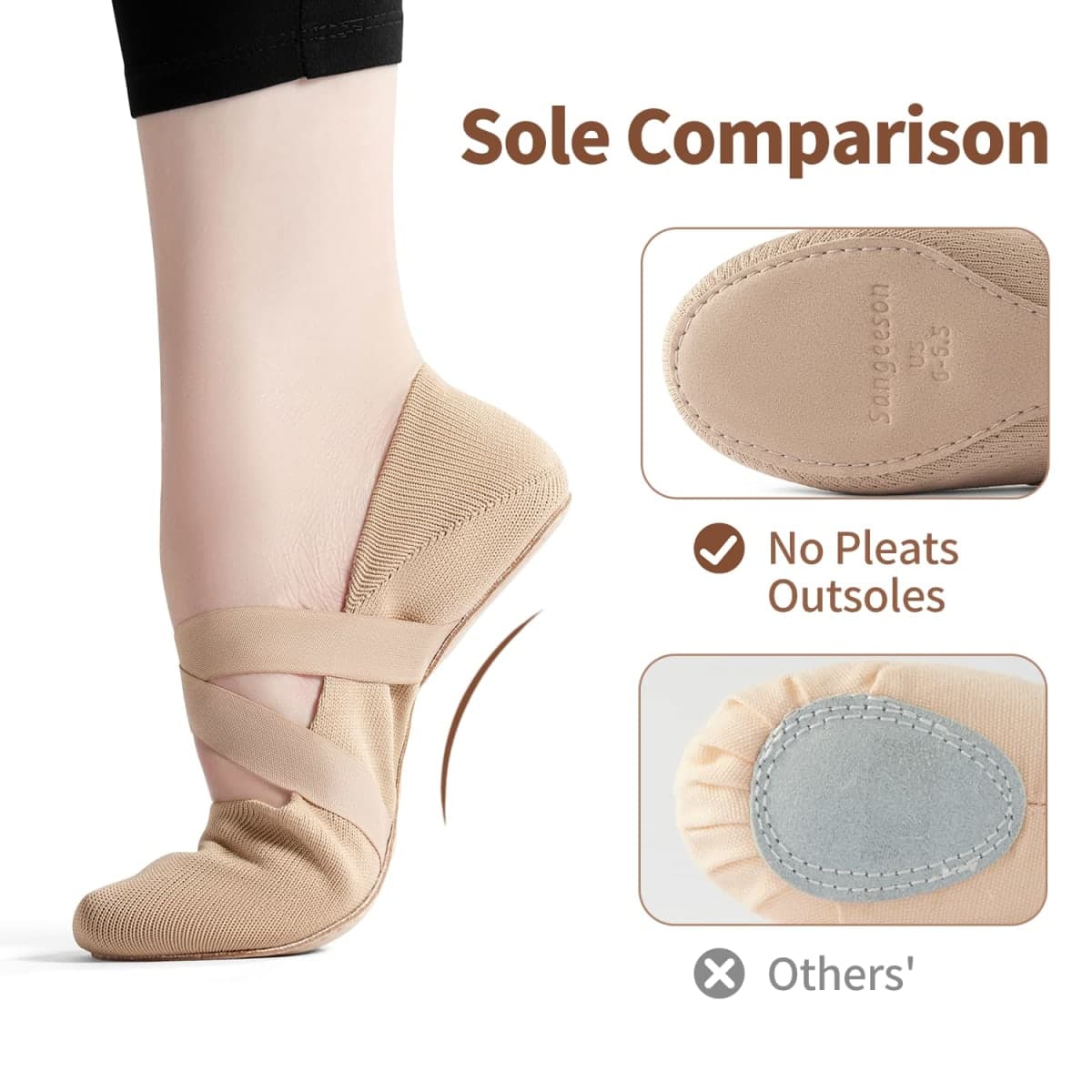 SANGEESON Ballet Shoes for Women(Leather Full Sole, Arch Support, Breathable), Yoga Socks for Men, Jazz Shoes, Dance Shoes Women for Beginner, Khaki-x, 8-8.5 thumbnail 4