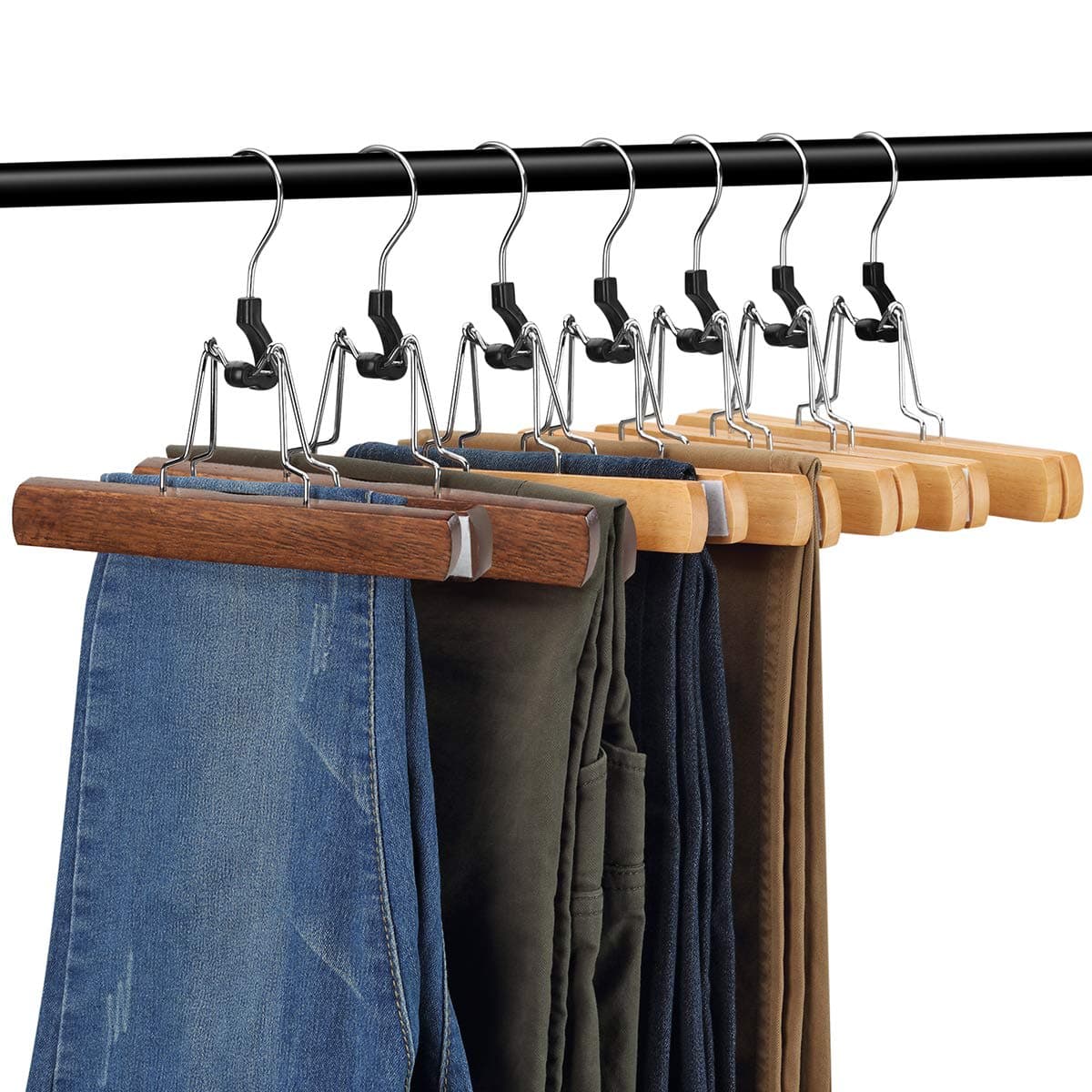 AMKUFO 12 Pack Wooden Pants Hangers with Clips Non Slip Skirt Hangers Walnut Trouser Clamp Hanger Solid Wood Hanger with 360° Swivel Hook thumbnail 2