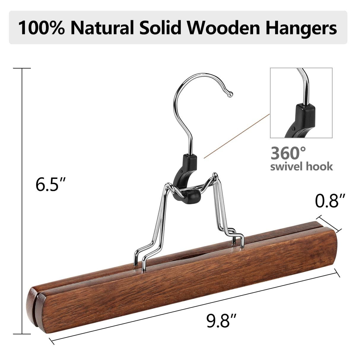 AMKUFO 12 Pack Wooden Pants Hangers with Clips Non Slip Skirt Hangers Walnut Trouser Clamp Hanger Solid Wood Hanger with 360° Swivel Hook thumbnail 3