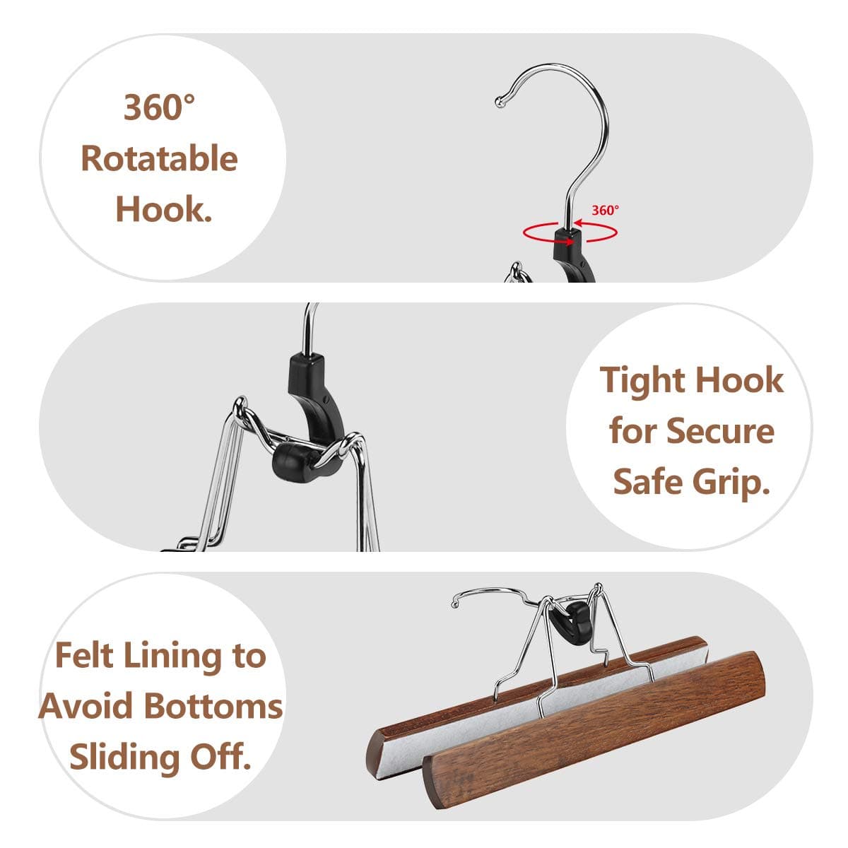 AMKUFO 12 Pack Wooden Pants Hangers with Clips Non Slip Skirt Hangers Walnut Trouser Clamp Hanger Solid Wood Hanger with 360° Swivel Hook thumbnail 4
