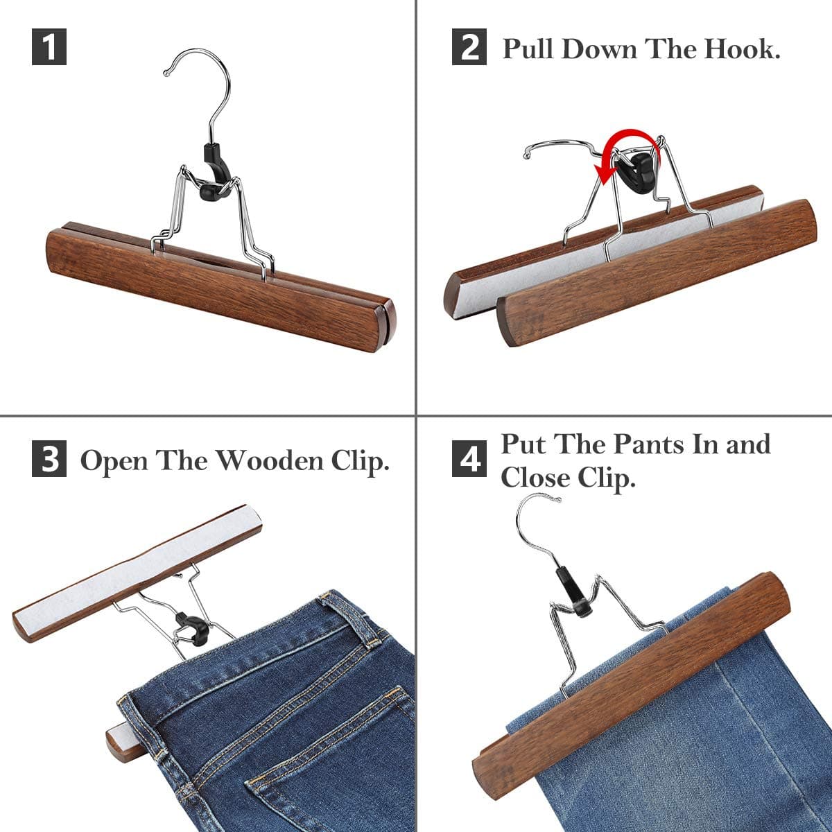 AMKUFO 12 Pack Wooden Pants Hangers with Clips Non Slip Skirt Hangers Walnut Trouser Clamp Hanger Solid Wood Hanger with 360° Swivel Hook thumbnail 5