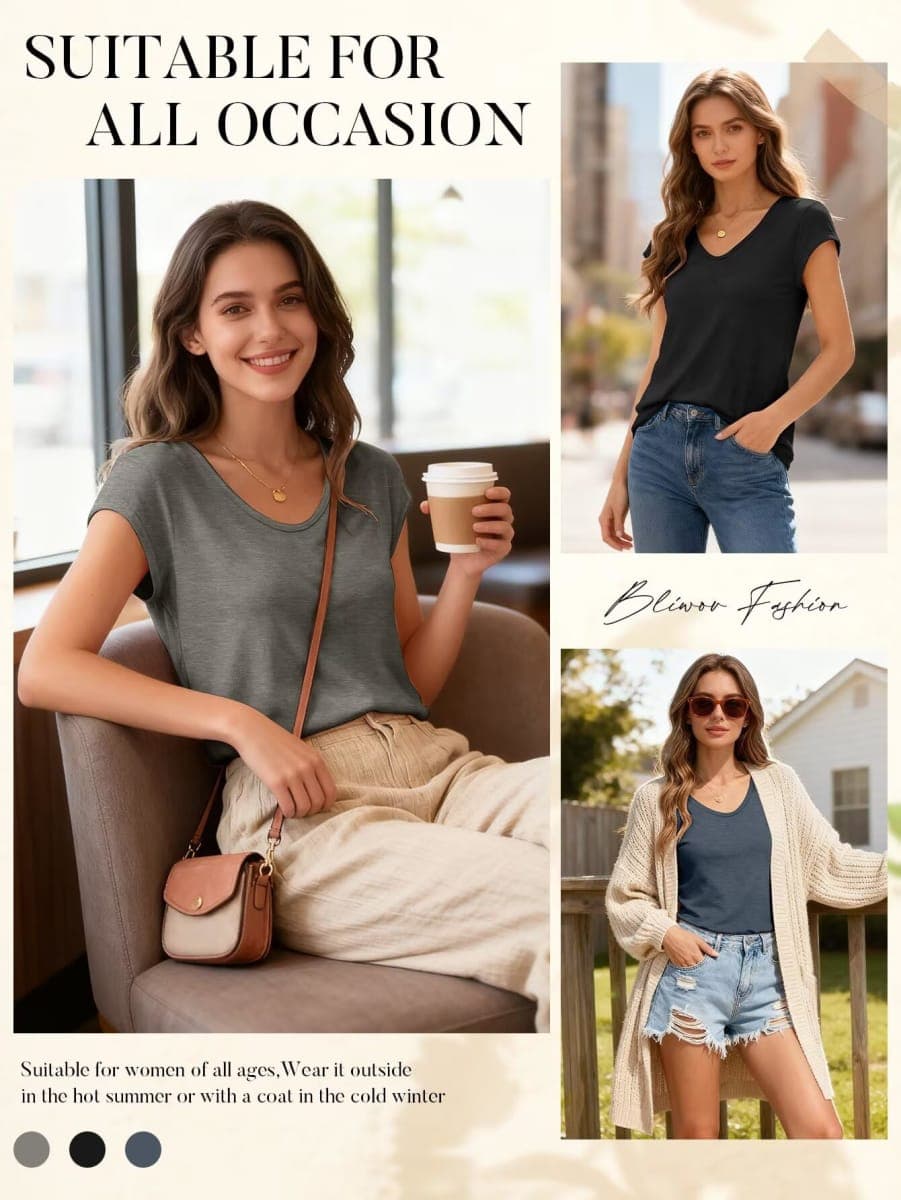 Bliwov 3 Pack Womens Cap Sleeve Summer Tops V Neck T Shirts Basic Tees, Grey+black+blue, Large thumbnail 5