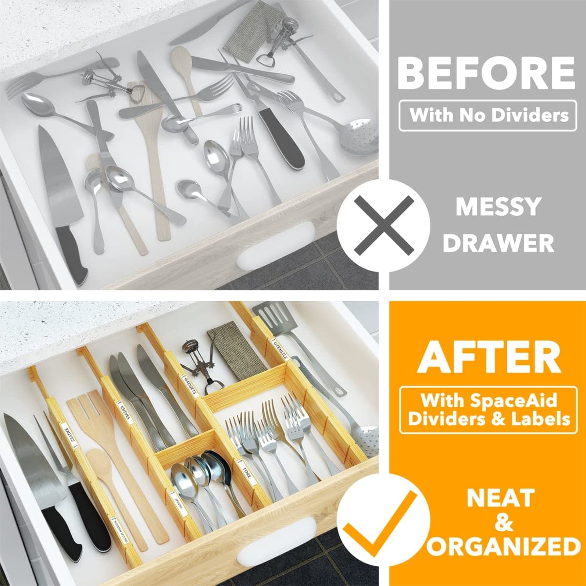 SpaceAid Bamboo Drawer Dividers with Inserts and Labels, Kitchen Cabinet Adjustable Drawer Organizers, Expandable Organization for Home, Office, Dressers, 4 Dividers with 9 Inserts (17-22 in) thumbnail 2