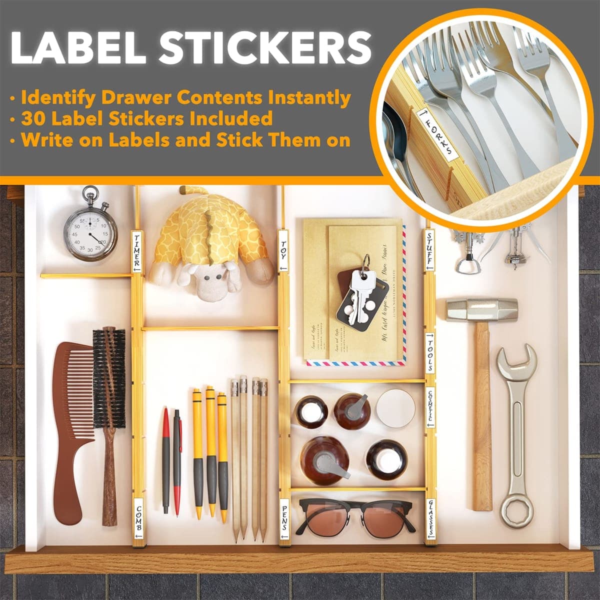 SpaceAid Bamboo Drawer Dividers with Inserts and Labels, Kitchen Cabinet Adjustable Drawer Organizers, Expandable Organization for Home, Office, Dressers, 4 Dividers with 9 Inserts (17-22 in) thumbnail 3