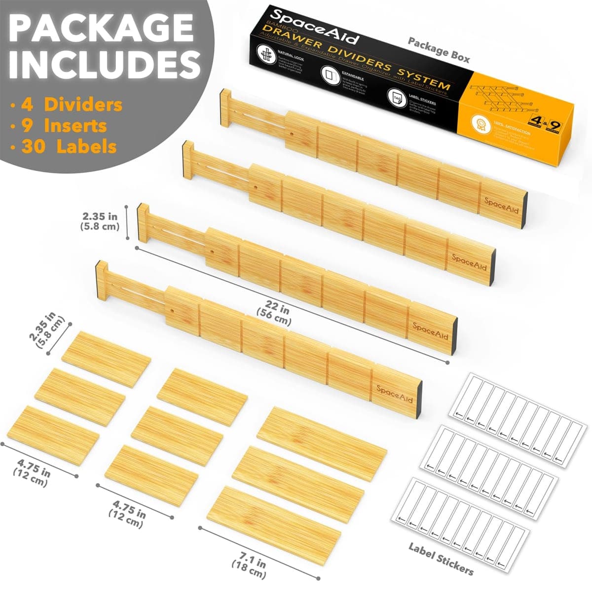 SpaceAid Bamboo Drawer Dividers with Inserts and Labels, Kitchen Cabinet Adjustable Drawer Organizers, Expandable Organization for Home, Office, Dressers, 4 Dividers with 9 Inserts (17-22 in) thumbnail 4