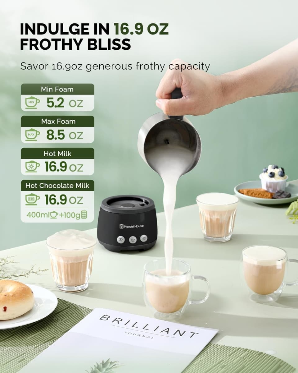 Maestri House Milk Frother, Variable Temp Milk Frother and Steamer, 16.9OZ Smart Touch Control Foam Maker, Memory Function for Latte, Warm Milk, Hot Chocolate thumbnail 5