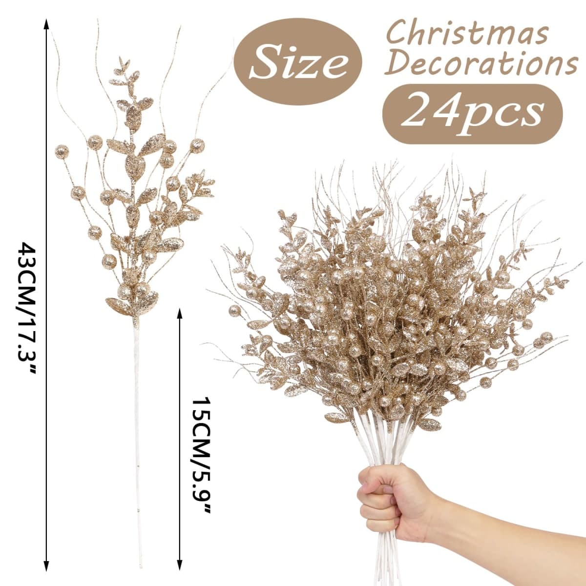 SY Super Bang Christmas Tree Decorations, 24 Pack Champagne Christmas Artificial Glitter Berry Stems Ornaments Branches Picks, for Xmas Tree Vase Filler Home Holiday Decor. thumbnail 2