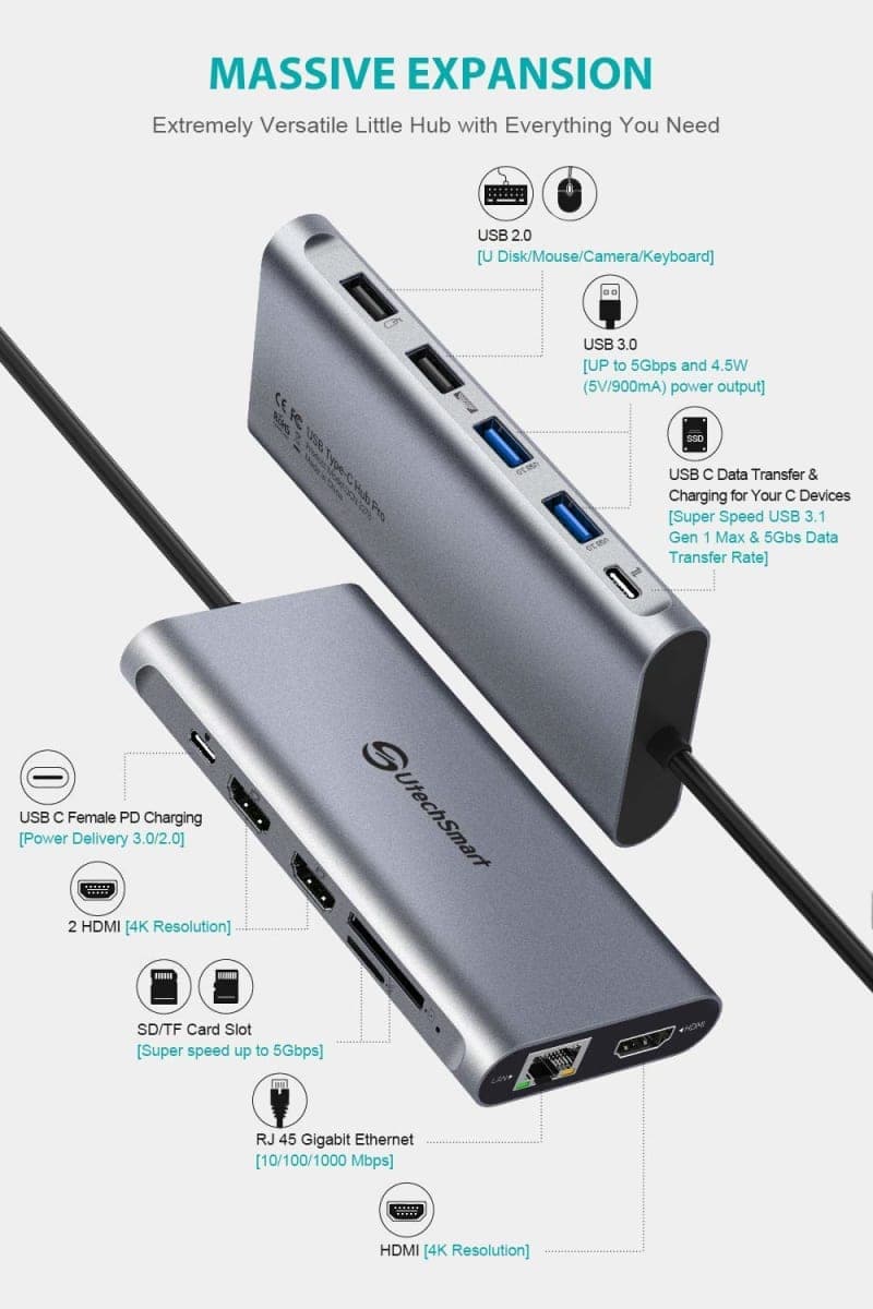 UtechSmart USB C Hub, 3 HDMI Docking Station Triple Display 12 in 1 USB C Laptop Adapter with 4K HDMI PD3.0 SD TF Card Reader Gigabit Ethernet for MacBook Pro/Air/M1/M2 & Windows thumbnail 2
