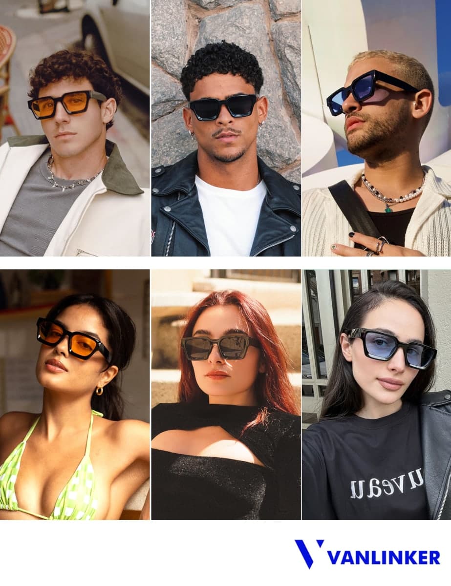 VANLINKER Thick Square Sunglasses for Men Women Retro Chunky Rectangle Shades UV400 Protection VL9731, 2pcs - Balck + Black / Yellow, Medium thumbnail 3