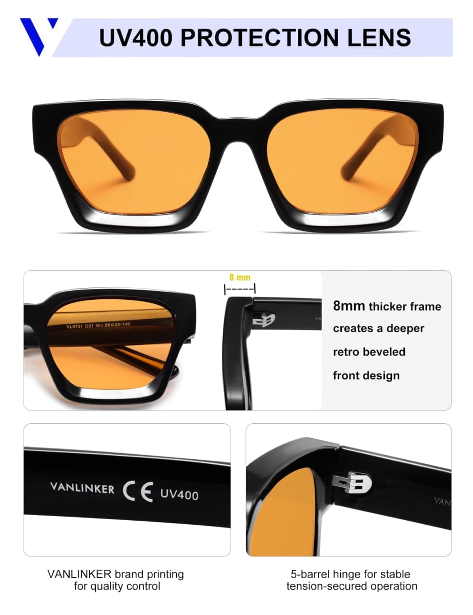 VANLINKER Thick Square Sunglasses for Men Women Retro Chunky Rectangle Shades UV400 Protection VL9731, 2pcs - Balck + Black / Yellow, Medium thumbnail 4