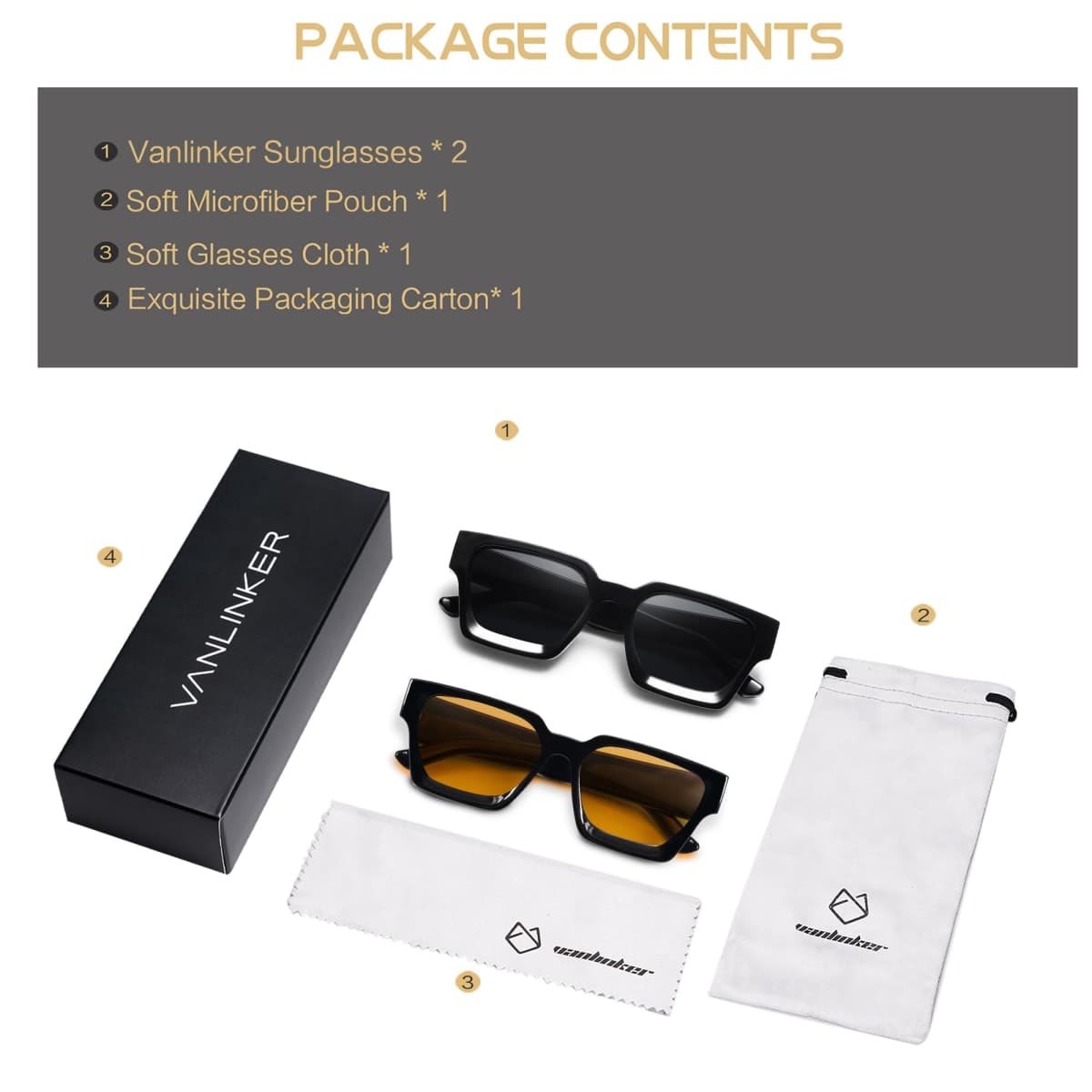 VANLINKER Thick Square Sunglasses for Men Women Retro Chunky Rectangle Shades UV400 Protection VL9731, 2pcs - Balck + Black / Yellow, Medium thumbnail 5