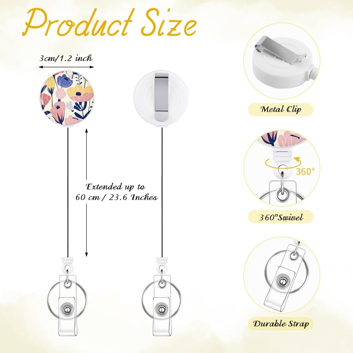 BESARME 3 Pack Badge Reels Retractable Badge Clip with Key Ring Retractable Badge Holders for Office Worker Teacher Nurse Student（Flower） thumbnail 2